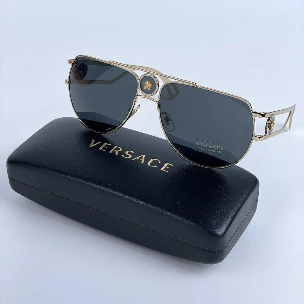 NEW Versace VE2225 MEDUSA PILOT 100287 Gold Gray Aviator Metal Unisex Sunglasses